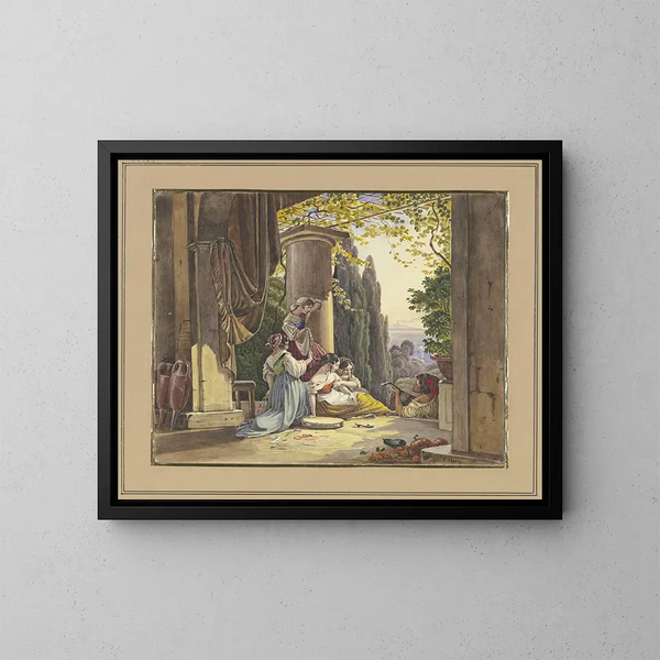 Terrasse italien avec fille et joueur de luth - Friedrich von Nerly — gerahmtes Bild an der Wand