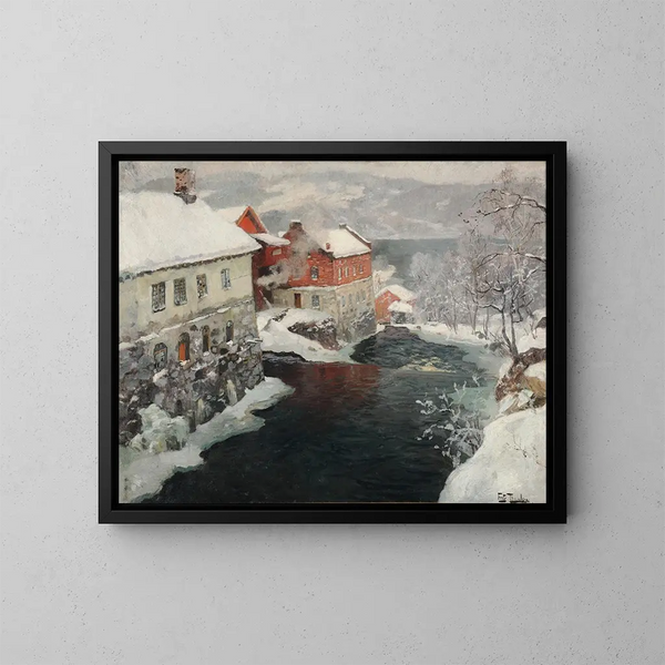 Fabriken in Norwegen, die beiden Mühlen am Fluss Mesma - Frits Thaulow — gerahmtes Bild an der Wand