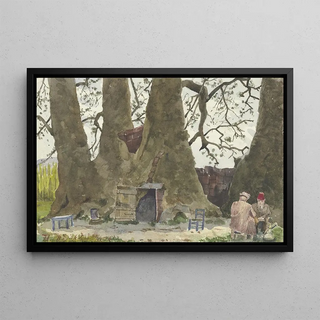 Fritz Hauck - Zwei Araber vor einem Riesenbaum der als Wohnung genutzt wird.webp