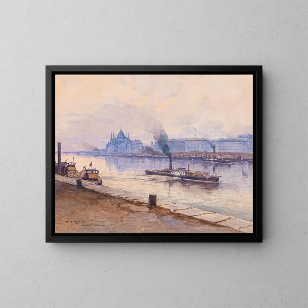 Ein Dampfschiff auf der Donau mit dem Parlamentsgebäude von Budapest im Hintergrund - Fritz Lach — gerahmtes Bild an der Wand