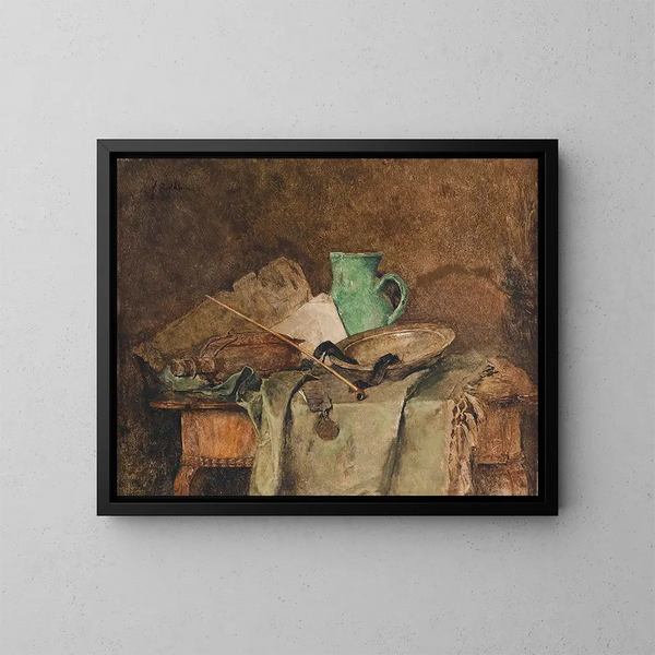 Natur stillleben mit Krug und Pfeife - Fritz Rojka — gerahmtes Bild an der Wand