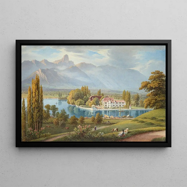 Ansicht von Schadau mit der Mündung der Aare bei Thun - Gabriel Lory der Jüngere — gerahmtes Bild an der Wand