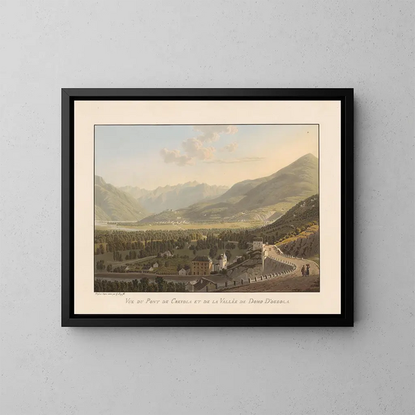 Ansicht der Brücke von Crevola und des Tals von Domo Dossola - Gabriel Lory der Jüngere — gerahmtes Bild an der Wand