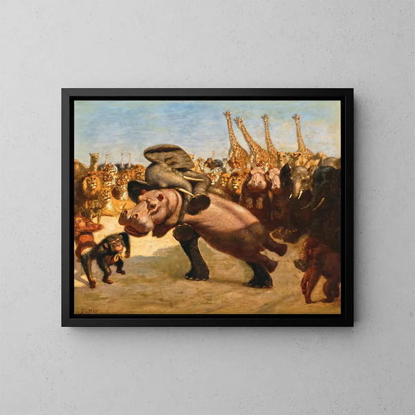 der Affen als Schiedsrichter im Kampf zwischen einem Elefanten und einem Nilpferd - Gabriel von Max — gerahmtes Bild an der Wand