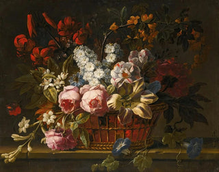 Gaspar Peeter Verbruggen the Elder - Still life of pink roses tulips hyacinths jasmine and other flowers loosely arranged in a wicker basket all upon a stone ledge.webp