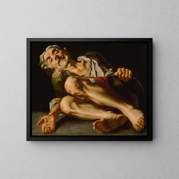 Ein alter liegender Bettler, die Hand ausgestreckt - Gaspare Traversi — gerahmtes Bild an der Wand