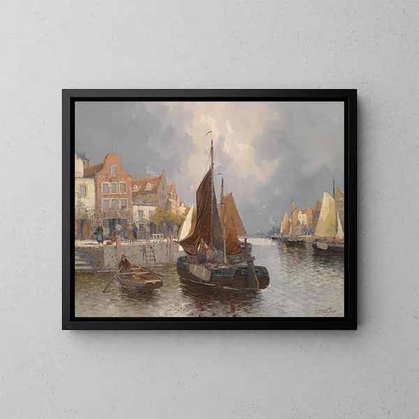 Ansicht des holländischen Hafens - Georg Fischhof — gerahmtes Bild an der Wand
