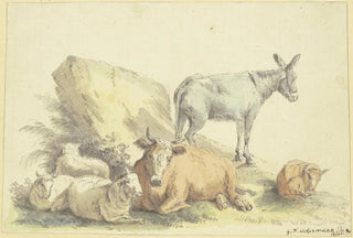 Georg Friedrich Ackermann - Eine Kuh drei Schafe ein Esel und ein Klbchen.webp