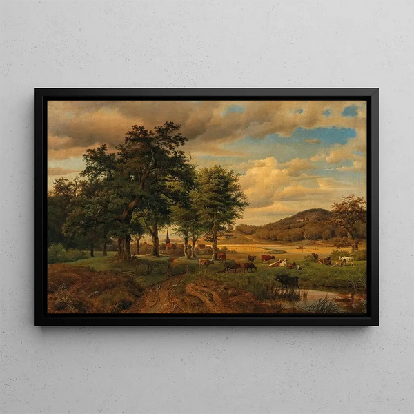 Georg Heinrich Crola - A Pasture Landscape with Cows in the Background a Village.webp
