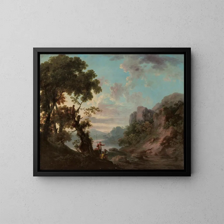 George Barret - A wooded landscape with a lake anglers in the foreground.webp