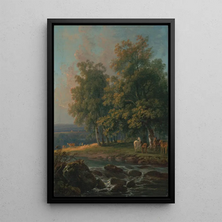 George Barret - Horses and Cattle by a River.webp