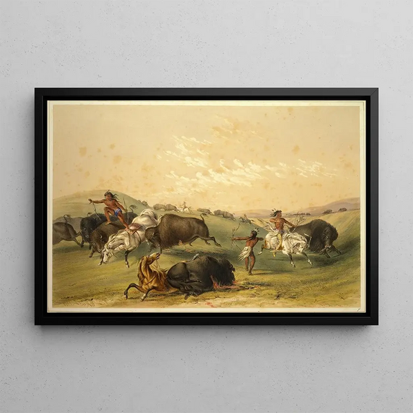 Jagd auf Bisons, eine große Gruppe - George Catlin — gerahmtes Bild an der Wand