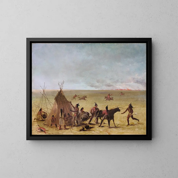 Indianerfamilie beunruhigt durch die Annäherung eines Grasbrandes - George Catlin — gerahmtes Bild an der Wand