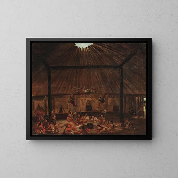 Innenansicht eines Mandan-Pavillons - George Catlin — gerahmtes Bild an der Wand