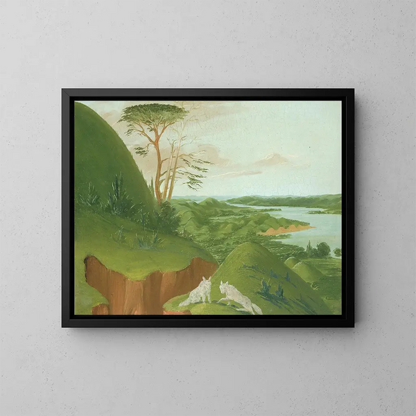 Felsen am Fluss mit weißen Wölfen im Vordergrund, Ober-Missouri - George Catlin — gerahmtes Bild an der Wand