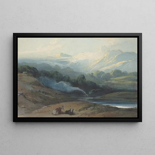 Vieh ruhend in einer bergigen Landschaft - George Chinnery — gerahmtes Bild an der Wand