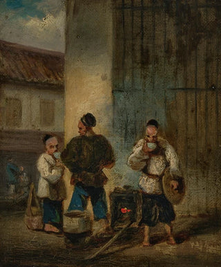 George Chinnery - Three men drinking soup around a brazier.webp