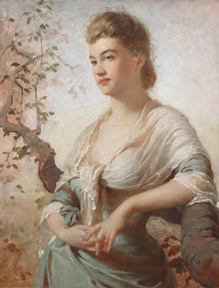 George Elgar Hicks - Portrait of a lady in a white and green dress leaning on a branch.webp