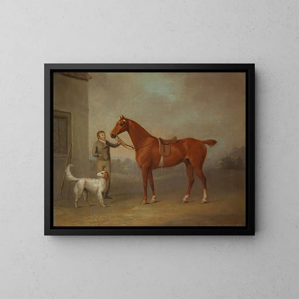 Der Kastanienjäger von M. Yarburgh, Robin Hood, gehalten von einem Kutscher mit einem Hund in einer Landschaft - George Haigh — gerahmtes Bild an der Wand