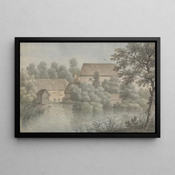 Ein Dorfteich mit Bauernhofgebäuden - George Lambert — gerahmtes Bild an der Wand