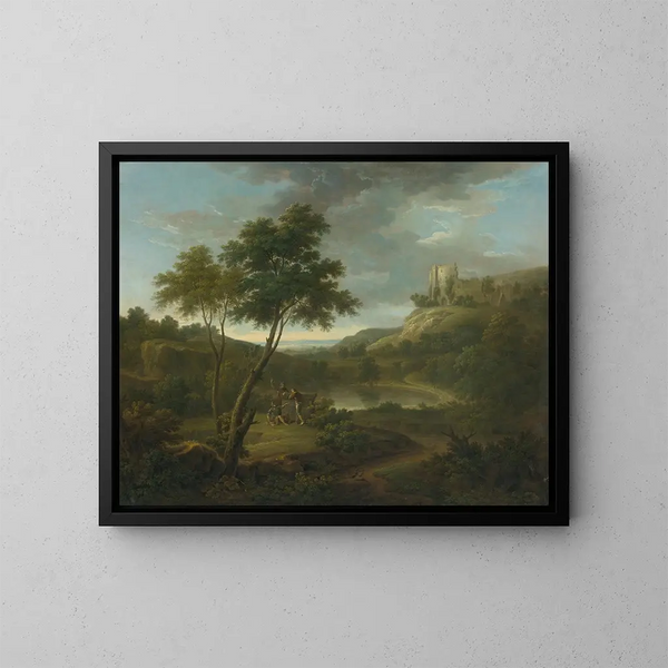 Caprice mit einem klassischen Sarkophag und möglicherweise dem Schloss Beeston, Cheshire - George Lambert — gerahmtes Bild an der Wand