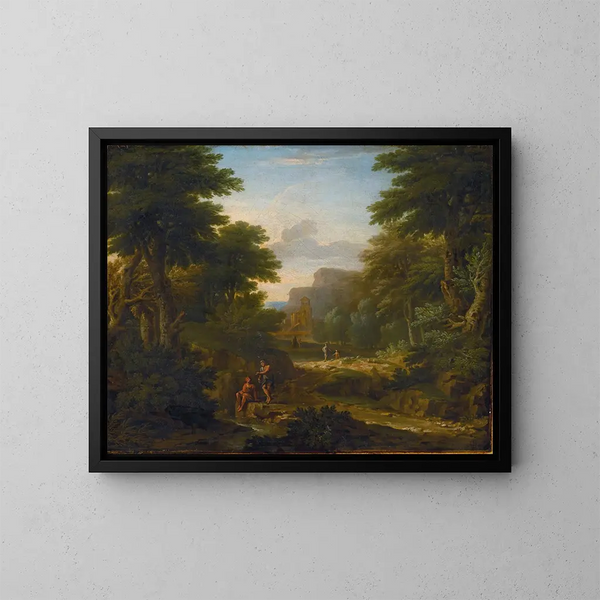 Landschafts-Gemälde mit Figuren, die sich in der Nähe eines Bachs ausruhen - George Lambert — gerahmtes Bild an der Wand