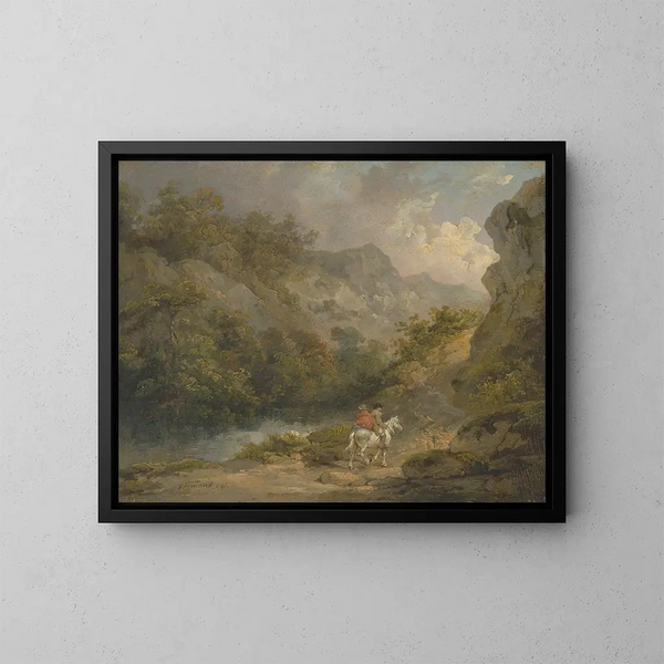 Landschaft mit Felsen und zwei Männern auf einem Pferd - George Morland — gerahmtes Bild an der Wand