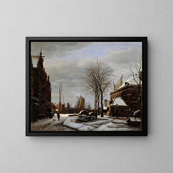 Markt der Mühlen in Amsterdam mit dem Gebäude Het Zeerecht im Winter - George Pieter Westenberg — gerahmtes Bild an der Wand