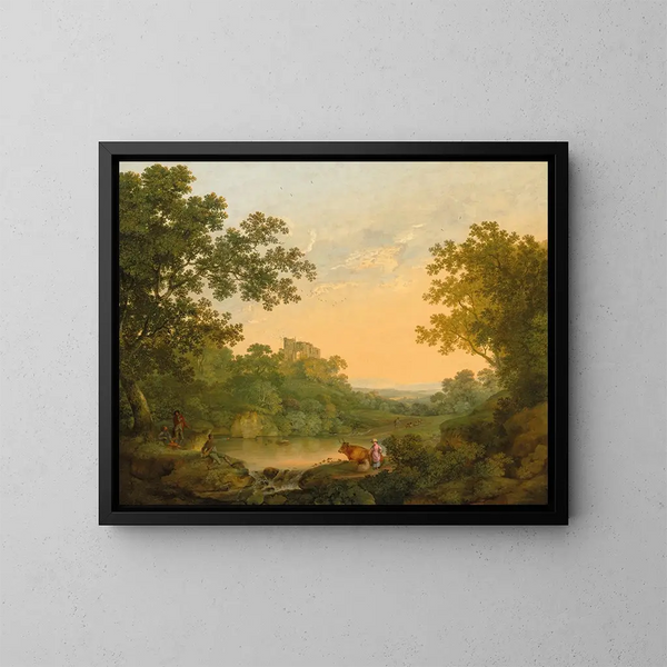 Ein bewaldetes Landschaft mit Fischern und Hirten in der Nähe eines Teiches, eine Ruine im Hintergrund - George Smith — gerahmtes Bild an der Wand