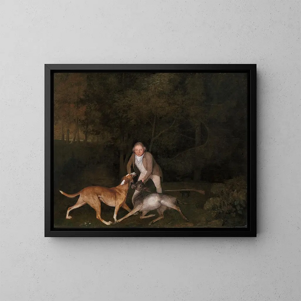 Der Wildhüter des Earls von Clarendon mit einer sterbenden Hirschkuh und einem Hund - George Stubbs — gerahmtes Bild an der Wand