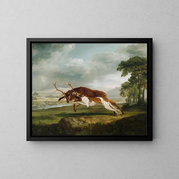 Hund laufend einem Hirsch - George Stubbs — gerahmtes Bild an der Wand
