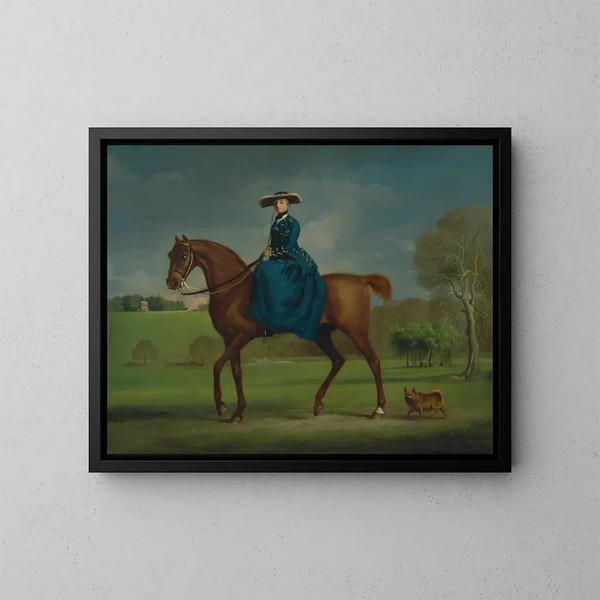 Die Gräfin von Coningsby in Jagdkostüm von Charlton - George Stubbs — gerahmtes Bild an der Wand
