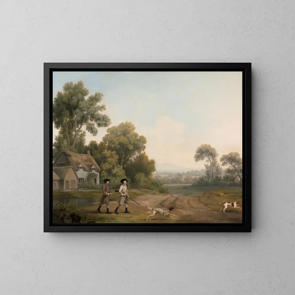 Zwei Edelmann auf der Jagd mit Blick auf die Creswell Crags, aufgenommen im Moment - George Stubbs — gerahmtes Bild an der Wand