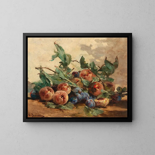 Stillleben mit Früchten, Pflaumen und Pfirsichen - Georges Jeannin — gerahmtes Bild an der Wand