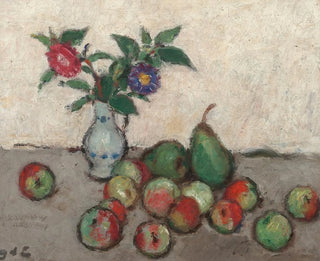 Georges dEspagnat - Still life with flowers in a blue and white vase with apples and pears on a table.webp