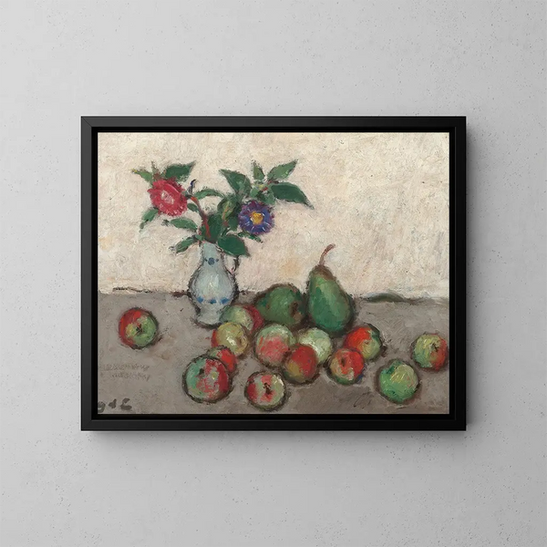 Naturstillleben mit Blumen in einer blauen und weißen Vase, Äpfeln und Birnen auf einem Tisch - Georges d'Espagnat — gerahmtes Bild an der Wand