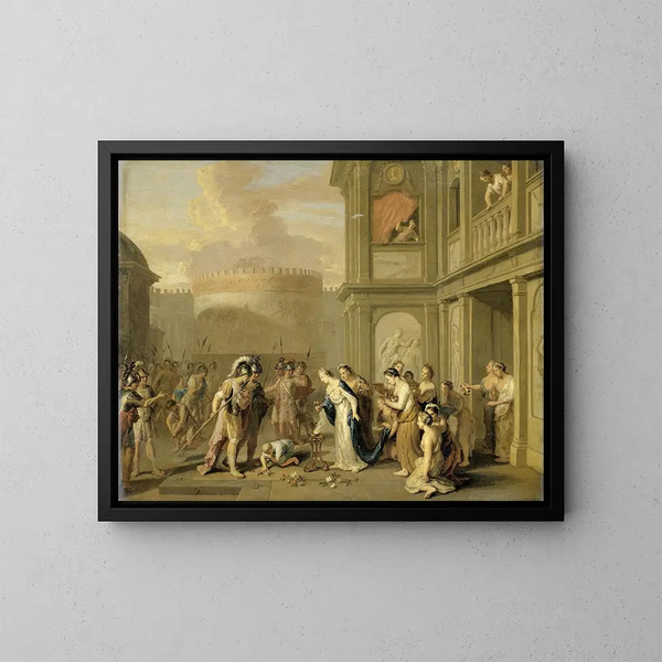 Cleopatra, die Alexander den Großen nach seiner Eroberung von Mazaka Wein anbietet - Gerard Hoet — gerahmtes Bild an der Wand