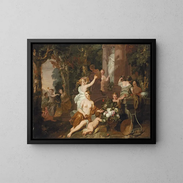 Nymphe und Bacchanten, die dem Tempel der Flora huldigen - Gerard de Lairesse — gerahmtes Bild an der Wand