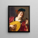 Eine Frau, die ein Lauteninstrument spielt - Gerard van Honthorst — gerahmtes Bild an der Wand