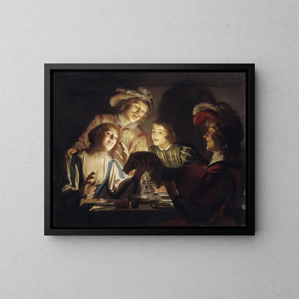 Gruppenbild mit Kerzen - Gerard van Honthorst — gerahmtes Bild an der Wand