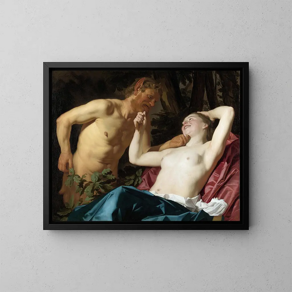 Satyr und Nymphe - Gerard van Honthorst — gerahmtes Bild an der Wand