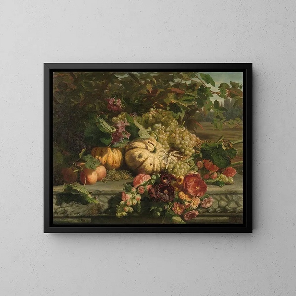 Naturstillleben mit Blumen und Früchten - Gerardina Jacoba van de Sande Bakhuyzen — gerahmtes Bild an der Wand