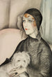 Junge Dame mit schwarzem Kappenhut und kleinem weißen Hund - Gerda Wegener — Ansicht des Kunstwerks