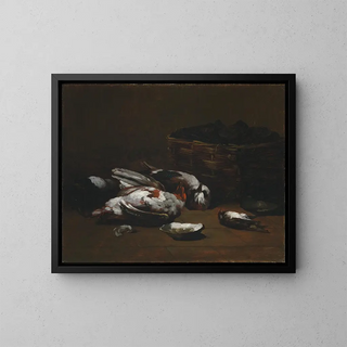 Naturstillleben mit toten Vögeln und einem Korb Austern - Germain Théodore Ribot — gerahmtes Bild an der Wand