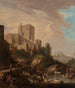 der Hirten, die ihre Ziegen und Rinder am Flussufer tränken, während Reisende eine Brücke überqueren, vor einer befestigten Stadt auf einem Hügel - Deutsche Schule — Ansicht des Kunstwerks