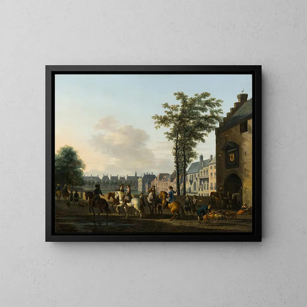 Eine Jagdszene am Hofvijver in Den Haag gesehen vom Plaats - Gerrit Adriaensz Berckheyde — gerahmtes Bild an der Wand
