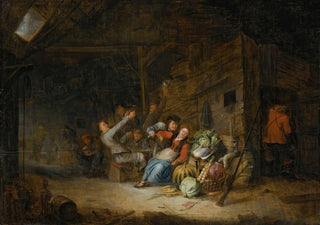 Gerrit Lundens - A Barn Interior With Figures Drinking Around A Table.webp