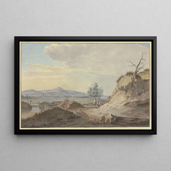 Gerrit Toorenburgh - Rechts ein Sandabhang mit einem drren Baum an dessen Fue zwei Frauen und zwei Mnner sich unterhalten.webp