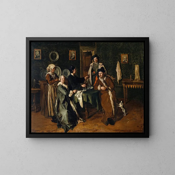 Portrait einer Familie, die um einen Tisch versammelt ist - Giacomo Ceruti — gerahmtes Bild an der Wand