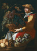 Eine Dame, die Früchte verkauft, darunter Feigen, Zitronen und Trauben - Giacomo Legi — gerahmtes Bild an der Wand